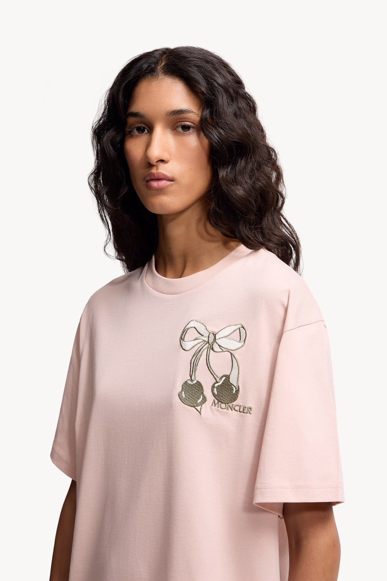 Embroidered Cherry Logo Cotton T-Shirt Women Light Pink Moncler 4